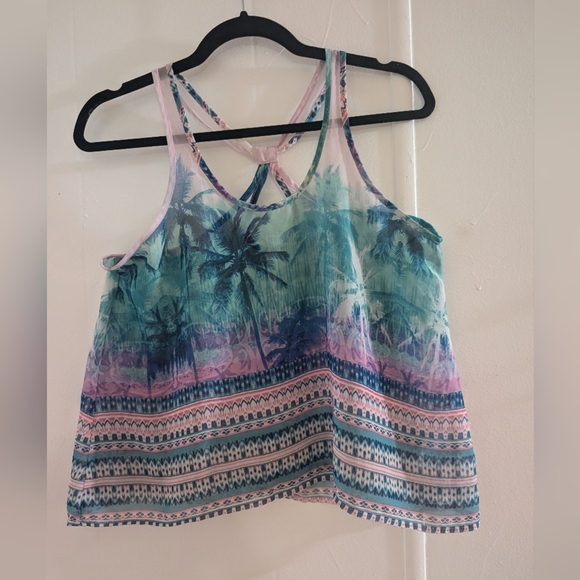 🛍️4 For $15🛍️Aeropostale Tropical Blue and Pink Sleeveless Crop Tank Top - Picture 1 of 6